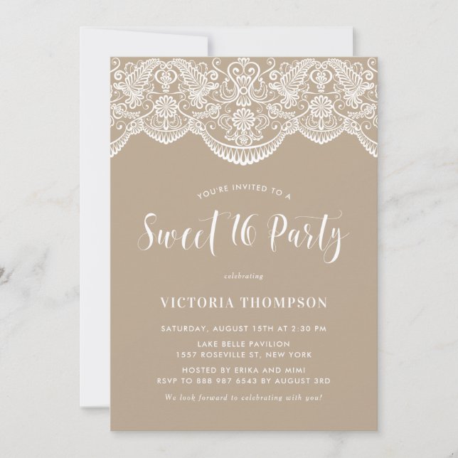 Invitación Fiesta Lace Taupe Sweet 16 White Brocade (Anverso)