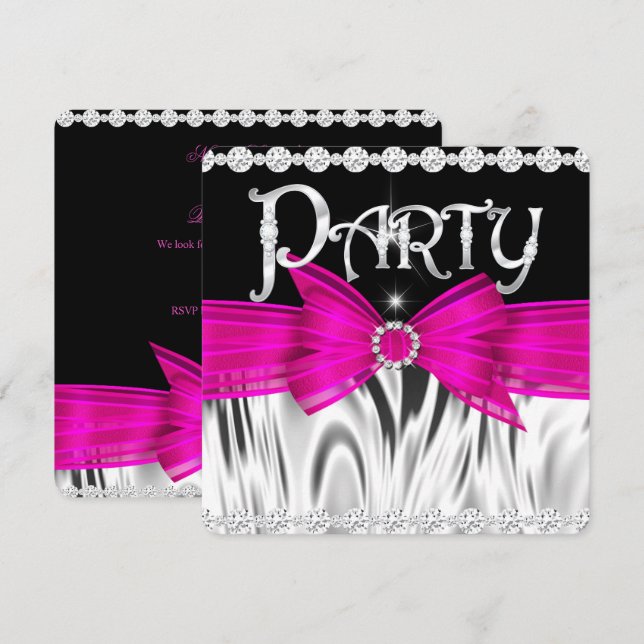 Invitación FIESTA Lazo Rosa Caliente Negro Plateado Fiesta de (Anverso / Reverso)