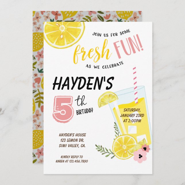 Invitación fiesta Lemonade, cumpleaños de limonada, sol (Anverso / Reverso)