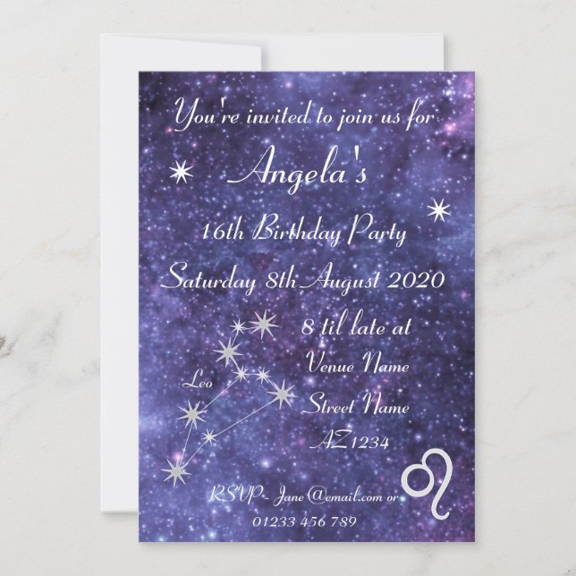 Invitación Fiesta León Zodiac Galaxy Personalizado (Anverso)
