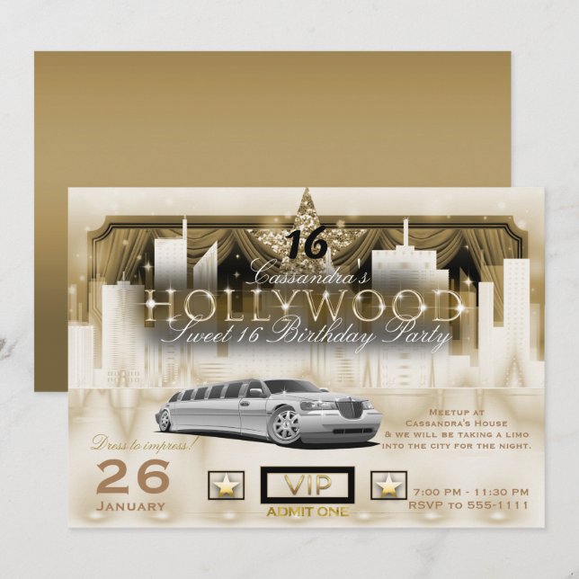 Invitación Fiesta Limo Hollywood (Anverso / Reverso)