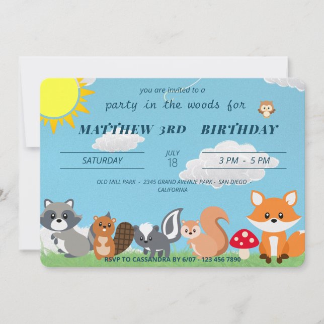 Invitación Fiesta Linda en los Animales del Bosque Cumpleaños (Anverso)