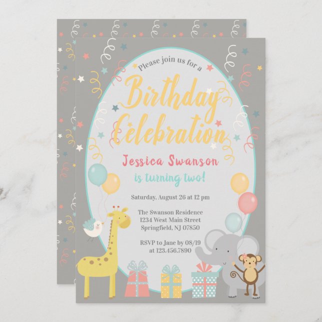 Invitación Fiesta lindo animales Celebración de cumpleaños Am (Anverso / Reverso)