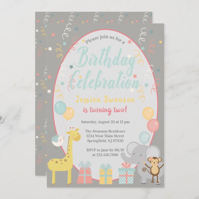 Invitación Fiesta lindo Animales Celebración de cumpleaños Az (Anverso / Reverso)