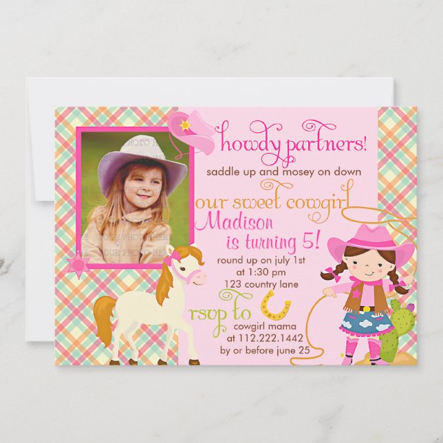 Invitación Fiesta lindo de la foto caballo rosado moderno de (Anverso)