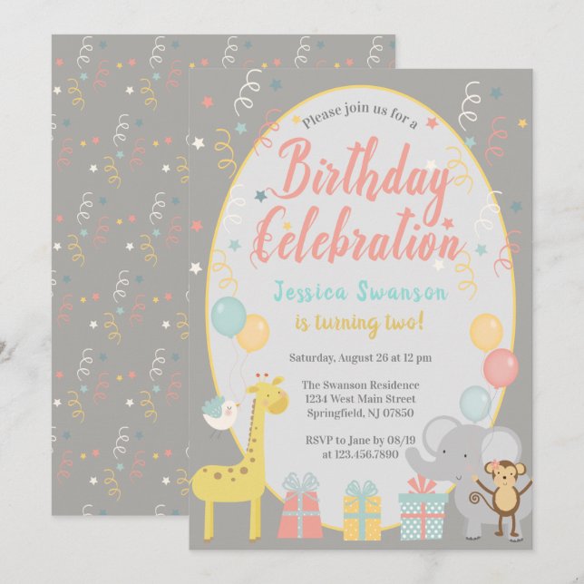 Invitación Fiesta lindo zoológico animales celebración de cum (Anverso / Reverso)