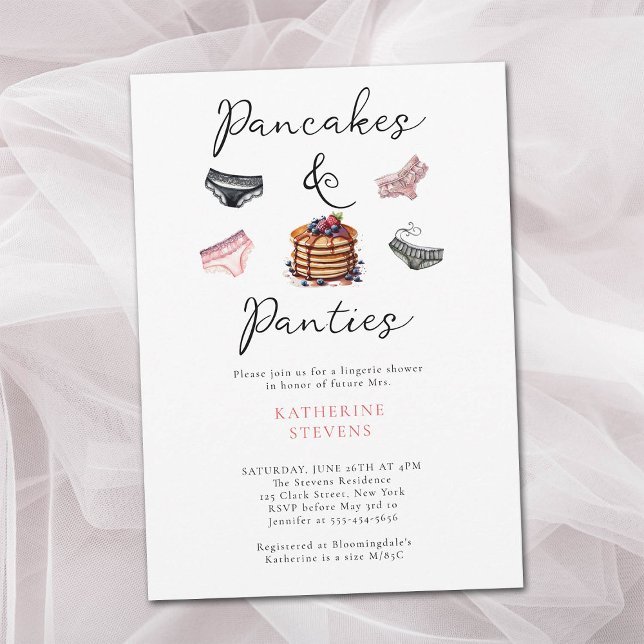 Invitación Fiesta Lingerie Pancakes Panties Pink Bridal Showe (panties pancakes lingerie shower invitation bridal watercolor pink black sexy sweet elegant classy)
