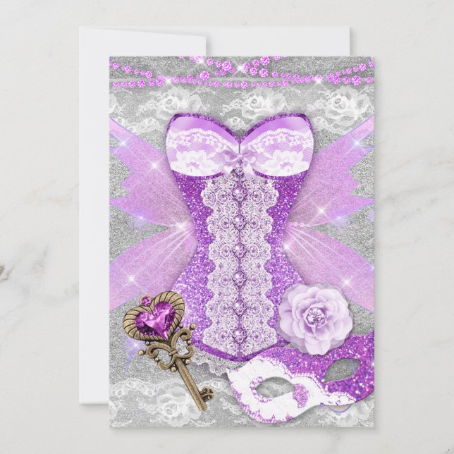 Invitación Fiesta Lingerie Purple Key Corset Mask Silver (Anverso)