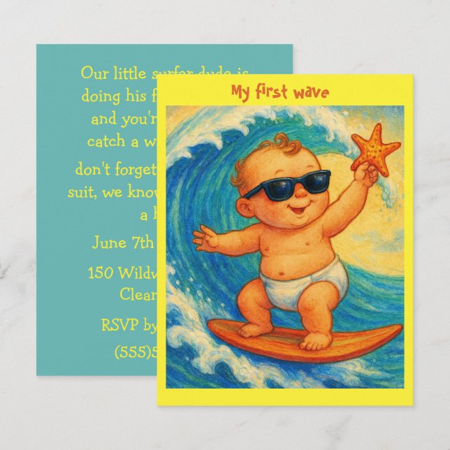 Invitación Fiesta Little Surfer Dude Descarga Digital  (Anverso / Reverso)