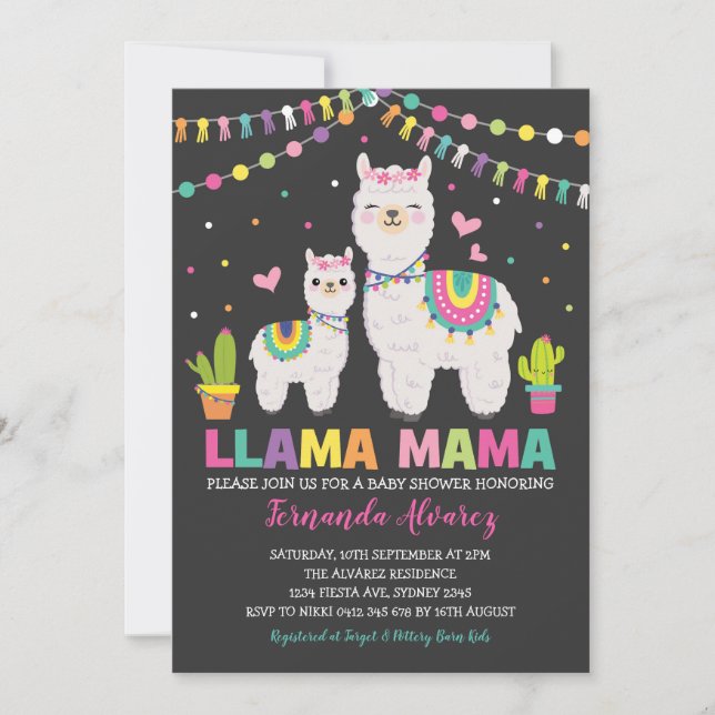 Invitación Fiesta Llama Chica Baby Shower / Cactus Alpaca (Anverso)