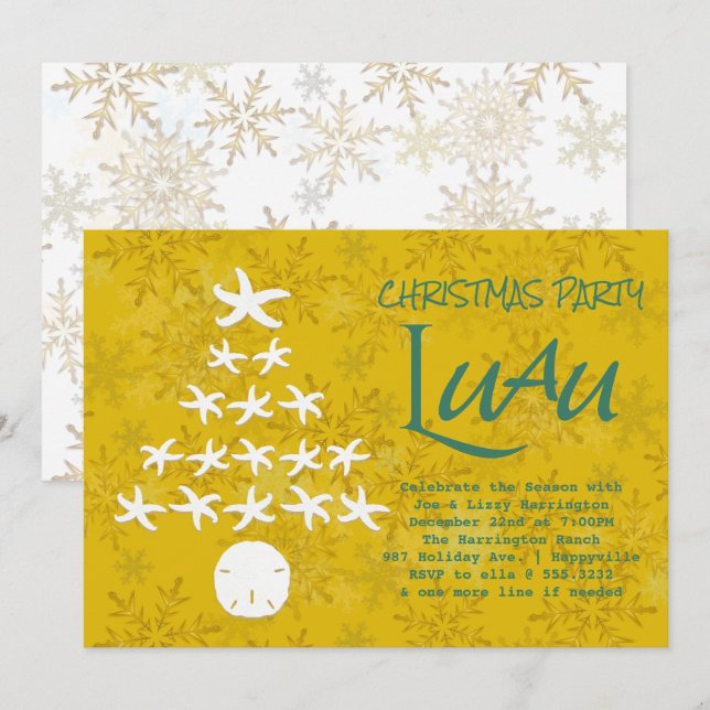Invitación Fiesta Luau, árbol de Navidad estelar (Anverso / Reverso)