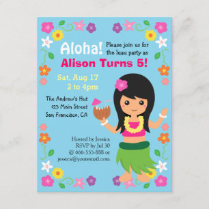 Invitación Fiesta Luau Colorida con Chica Hula de Hawaii
