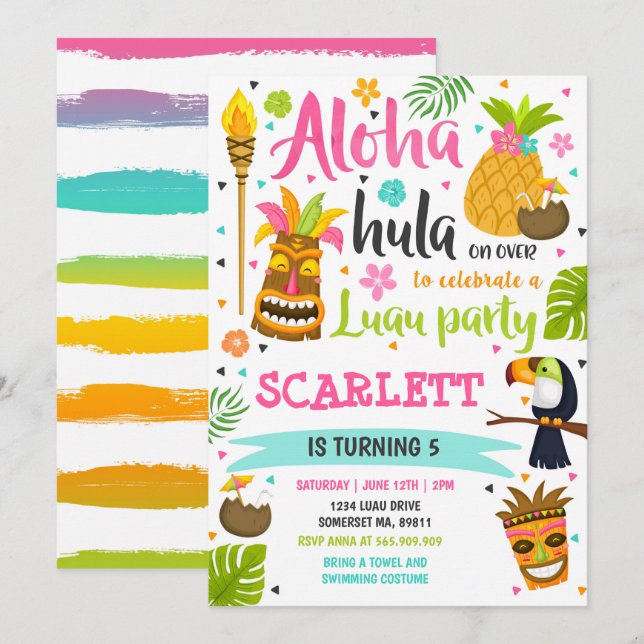 Invitación Fiesta Luau de cumpleaños de Hawaiian Luau (Anverso / Reverso)