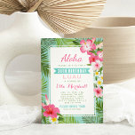 Invitación Fiesta Luau de cumpleaños floral rosa tropical<br><div class="desc">Las invitaciones a las fiestas Birthday luau tienen un tema de fiesta hawaiano con "Aloha" y frondosos marcos de hojas de palma verdes y flores de hibisco tropicales en tonos rosas calientes, amarillo y blanco. Se puede personalizar completamente el texto con el título de la pancarta azul acuático. El color...</div>