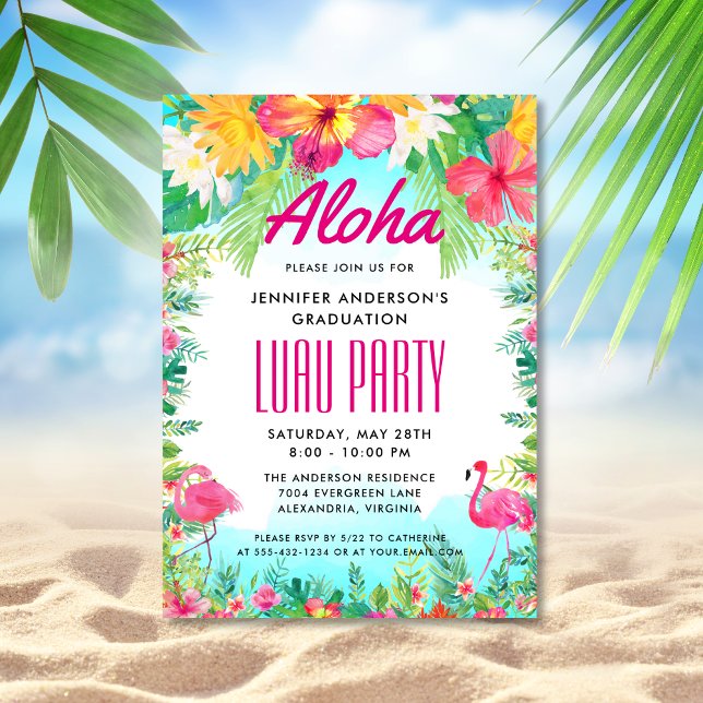 Invitación Fiesta Luau de Graduación de Flamingo Tropical Alo (Subido por el creador)