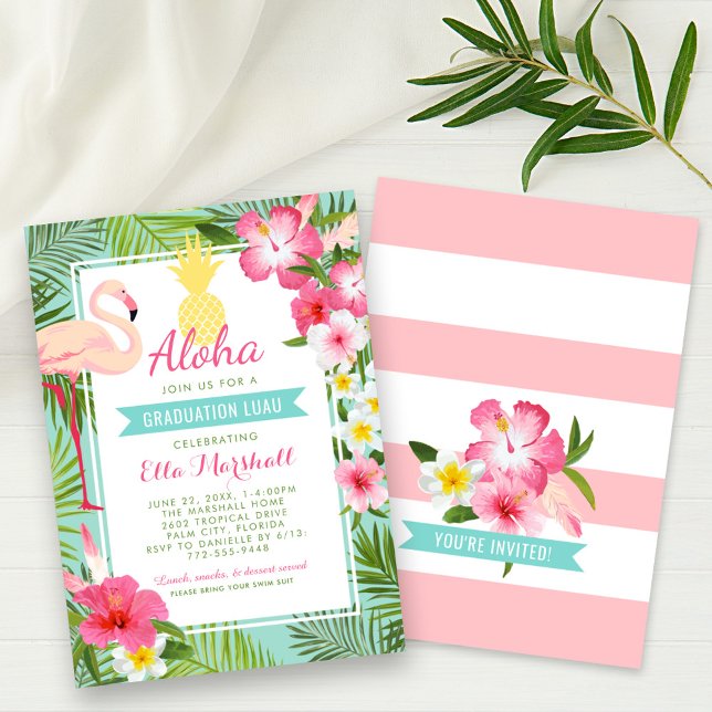 Invitación Fiesta Luau de Graduación Tropical Aloha Pink Flam (Subido por el creador)