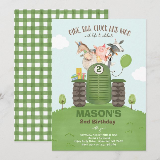 Invitación Fiesta MacDonald Barnyard de granja (Anverso / Reverso)