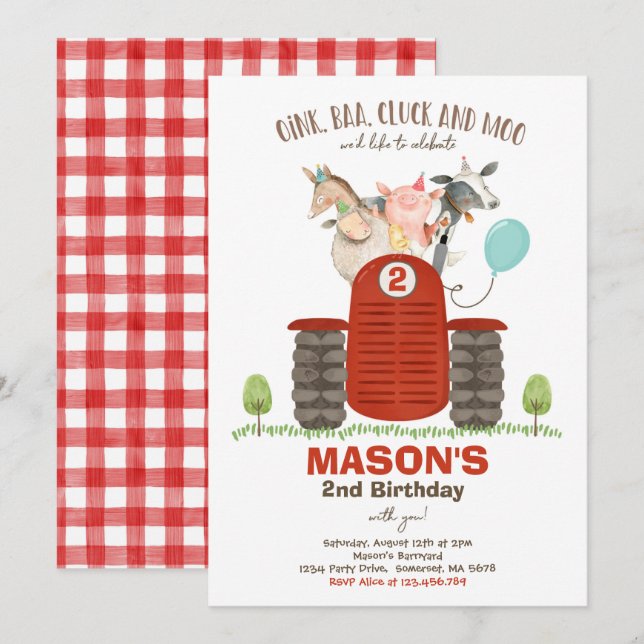 Invitación Fiesta MacDonald Barnyard, niño mayor de cumpleaño (Anverso / Reverso)