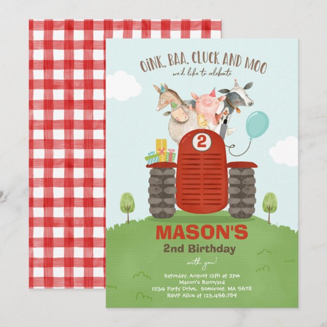 Invitación Fiesta MacDonald Barnyard, niño mayor de cumpleaño (Anverso / Reverso)