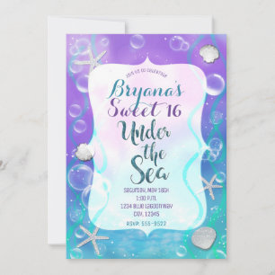 Invitación Fiesta Mágica Bajo el Mar Purpura Turquesa Dulces 