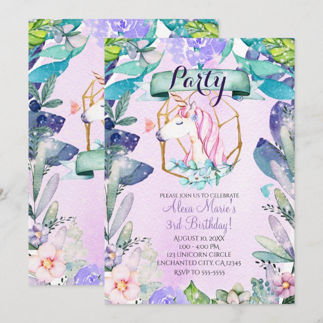 Invitación Fiesta Mágica de Unicornio de Fantasía del Bosque  (Anverso / Reverso)