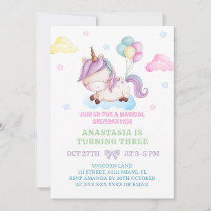 Invitación Fiesta mágica del tercer cumpleaños de Unicornio