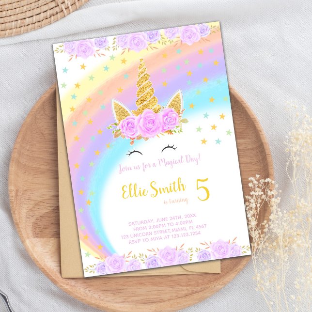 Invitación Fiesta mágica y colorida (Floral Rainbow Unicorn Birthday Invitations)