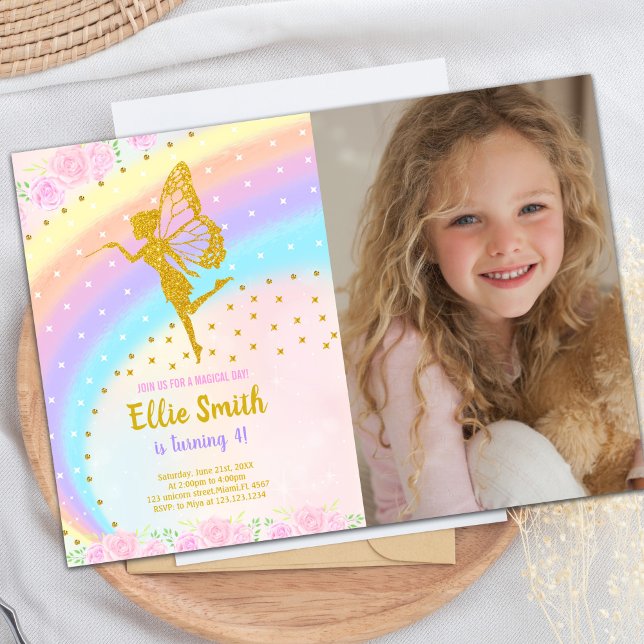 Invitación Fiesta mágico de espuma para Chicas (Photo Rainbow Glitter Fairy Birthday Invitations)