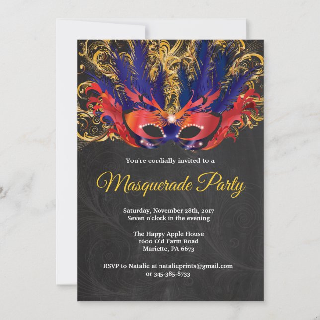 Invitación Fiesta mágico noche dorada azul rojo (Anverso)