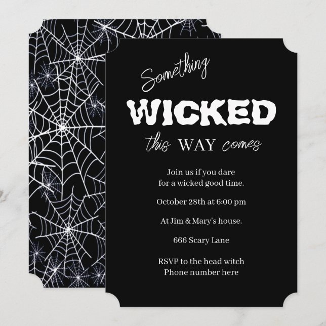 Invitación Fiesta malvada de Halloween en blanco y negro (Anverso / Reverso)