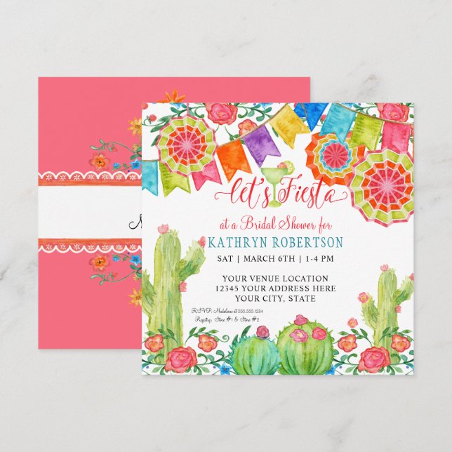 Invitación Fiesta Margarita Cactus Bridal Shower Chica Pennan (Anverso / Reverso)