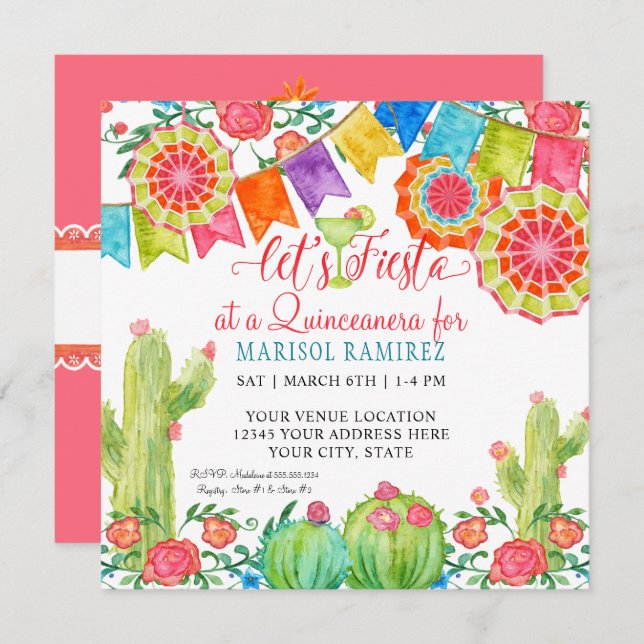 Invitación Fiesta Margarita Cactus Quince Anos Quinceanera (Anverso / Reverso)