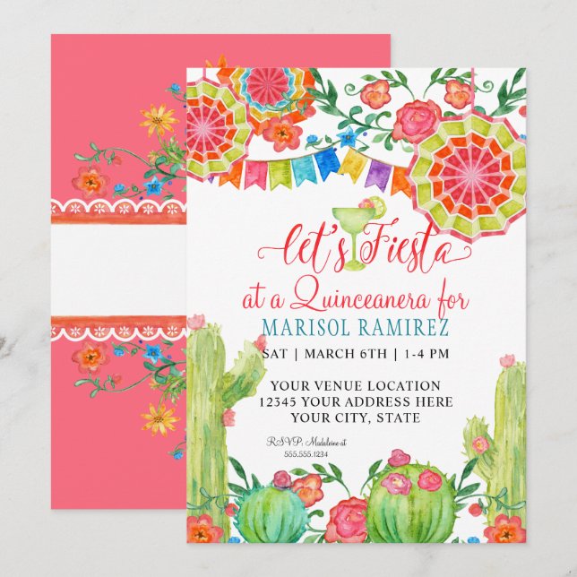 Invitación Fiesta Margarita Cactus Quinceanera, 15 años (Anverso / Reverso)