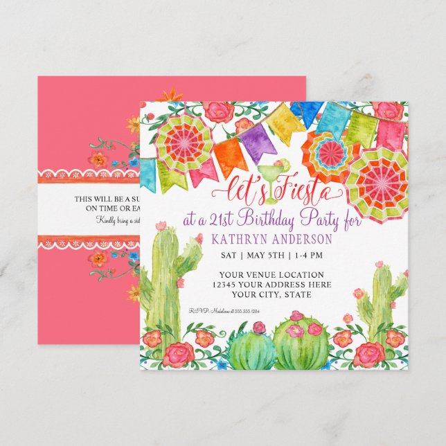 Invitación Fiesta Margarita Cactus Sorpresa de cumpleaños 21 (Anverso / Reverso)