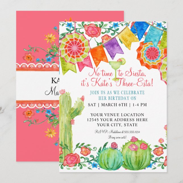 Invitación Fiesta Margarita Floral Cactus Fiesta de cumpleaño (Anverso / Reverso)