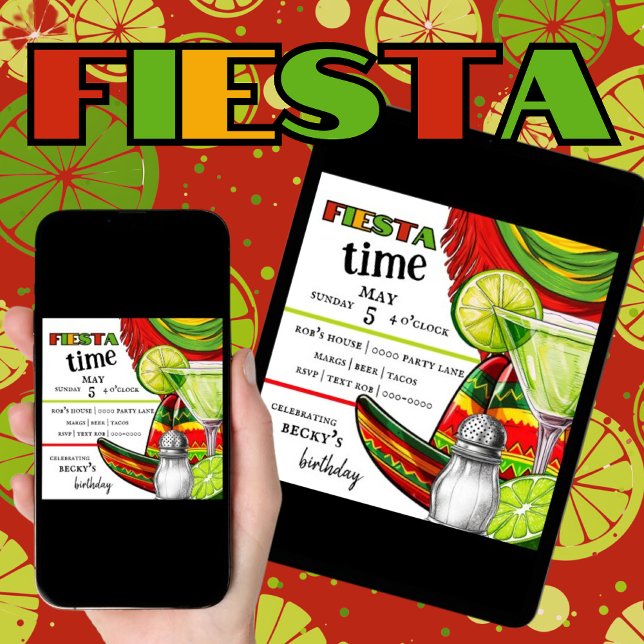 Invitación Fiesta | Margarita | Lime | FIESTA (Customize and download cinco de mayo, birthday, retirement themed party invitations in green, red. )