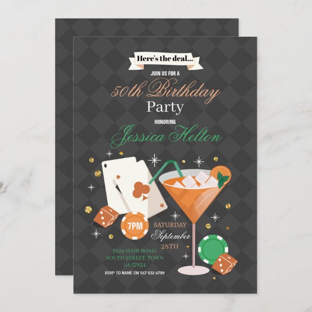 Invitación Fiesta Martini de Las Vegas Birthday Casino Dice C (Anverso / Reverso)