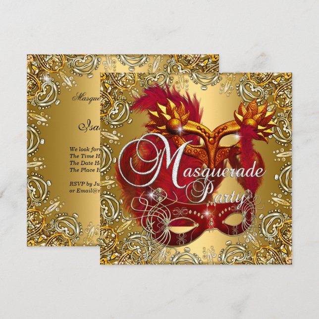 Invitación Fiesta Máscara de disfraz Rojo Oro Plata (Anverso / Reverso)