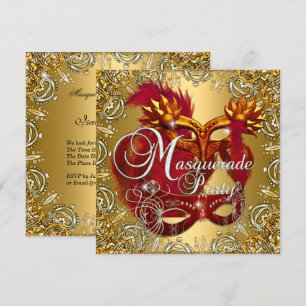 Invitación Fiesta Máscara de disfraz Rojo Oro Plata