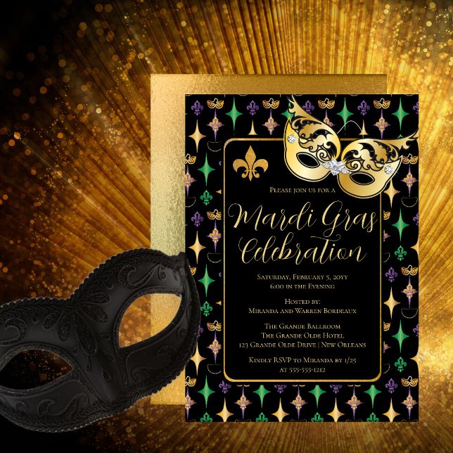 Invitación Fiesta Máscara de Oro Fleur de Lis Mardi Gras (Subido por el creador)