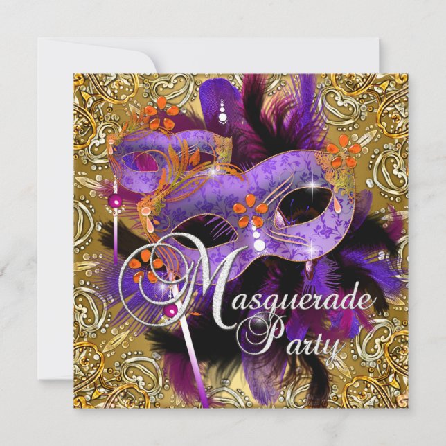 Invitación Fiesta Máscara Morado Naranja Dorado Plateado (Anverso)