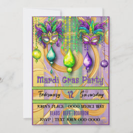 Invitación Fiesta Máscara y Perlas de Mardi Gras