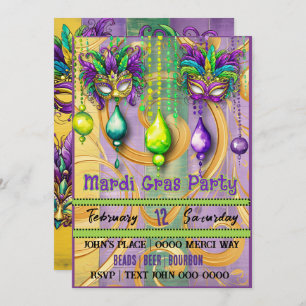 Invitación Fiesta Máscara y Perlas de Mardi Gras