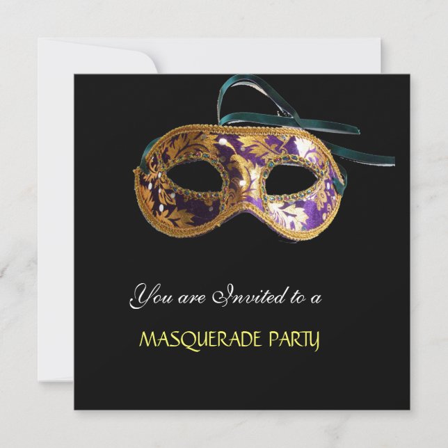 Invitación FIESTA MASQUERADE, azul blanco negro (Anverso)