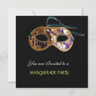 Invitación FIESTA MASQUERADE, azul blanco negro