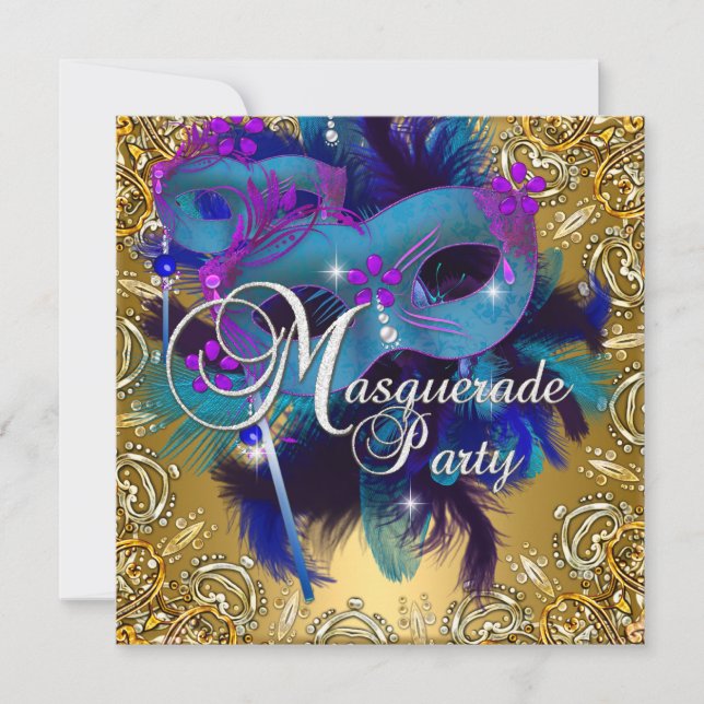 Invitación Fiesta Masquerade Blue Gold Purple (Anverso)
