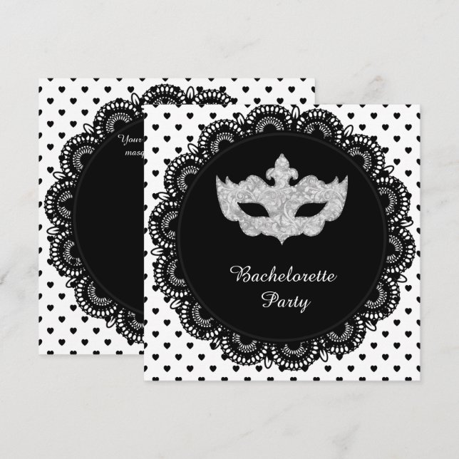 Invitación Fiesta MASQUERADE DE BACHELORETTE DE CORAZÓN BLANC (Anverso / Reverso)