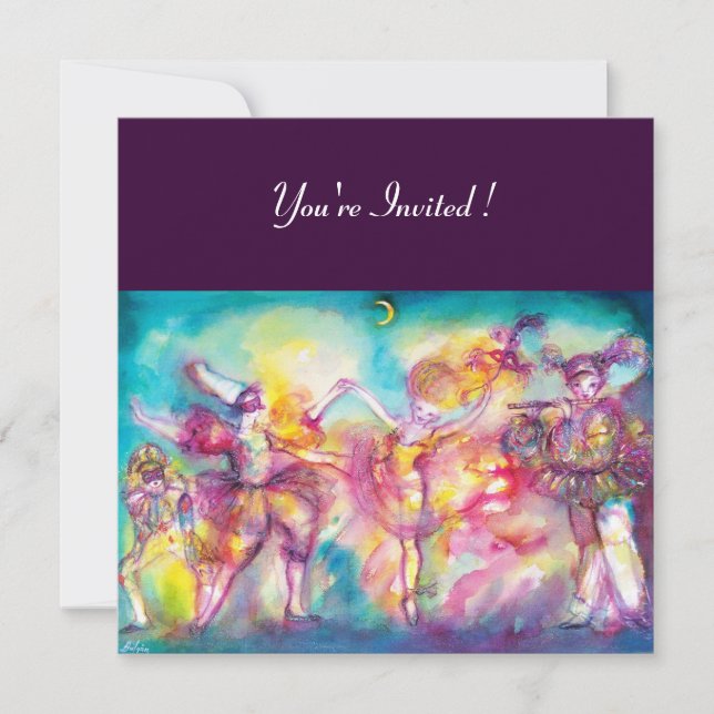 Invitación FIESTA MASQUERADE, Máscaras Mardi Gras, Danza, Mús (Anverso)