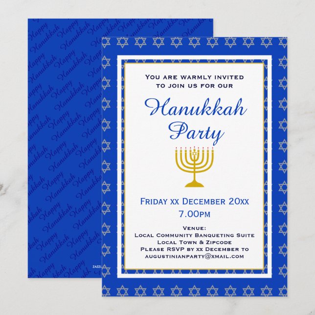 Invitación Fiesta Menorah HANUKKAH personalizado azul (Anverso / Reverso)