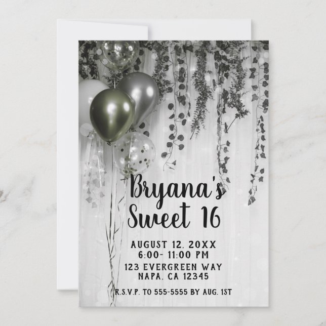 Invitación Fiesta metálico de plata verde Globos Ivy Sweet 16 (Anverso)